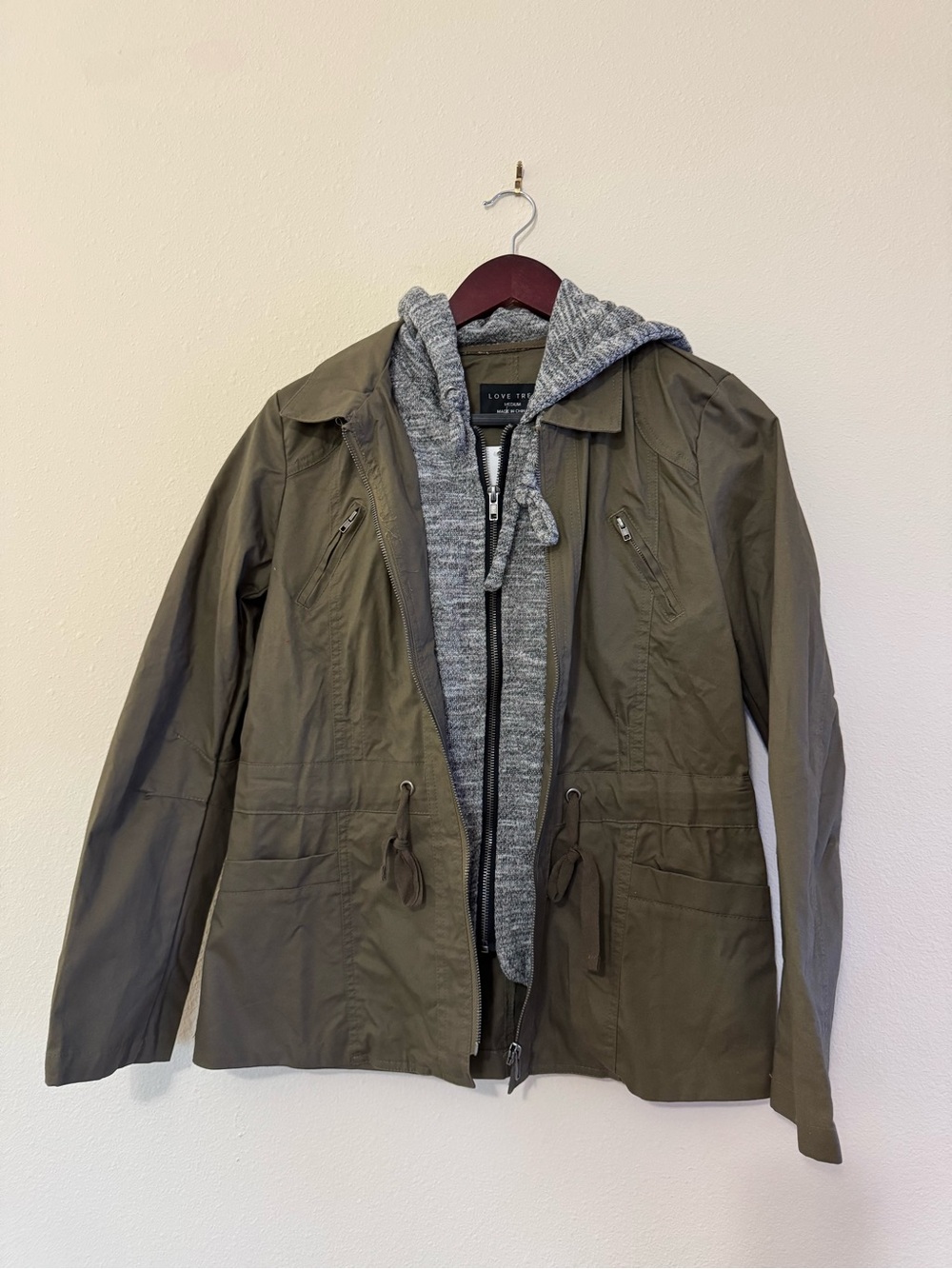 Love Tree Olive Utility Jacket with Faux Gray Inner Zip Hoodie